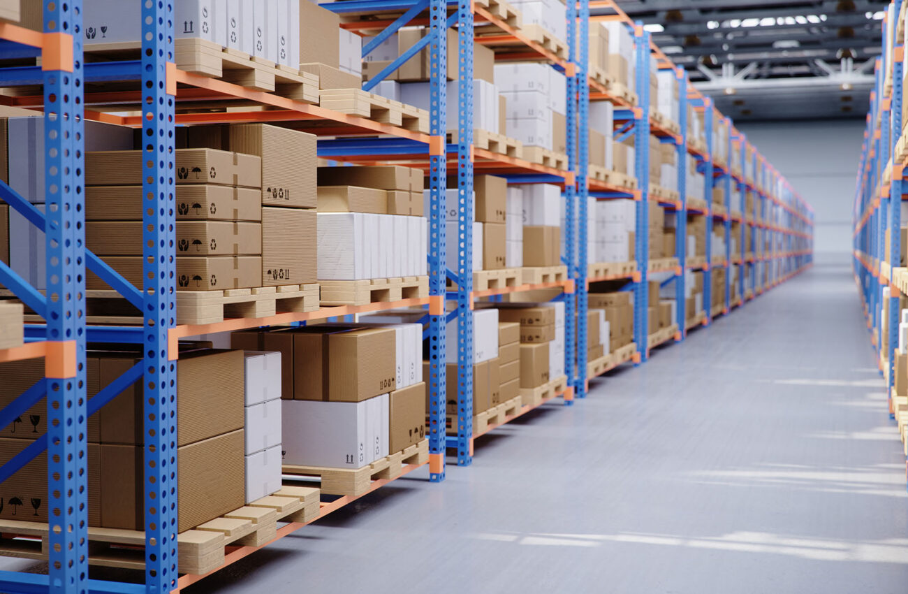 Warehouse with cardboard boxes inside on pallets racks, logistic center. Huge, large modern warehouse. Warehouse filled with cardboard boxes on shelves, boxes stand on pallets, 3D Illustration