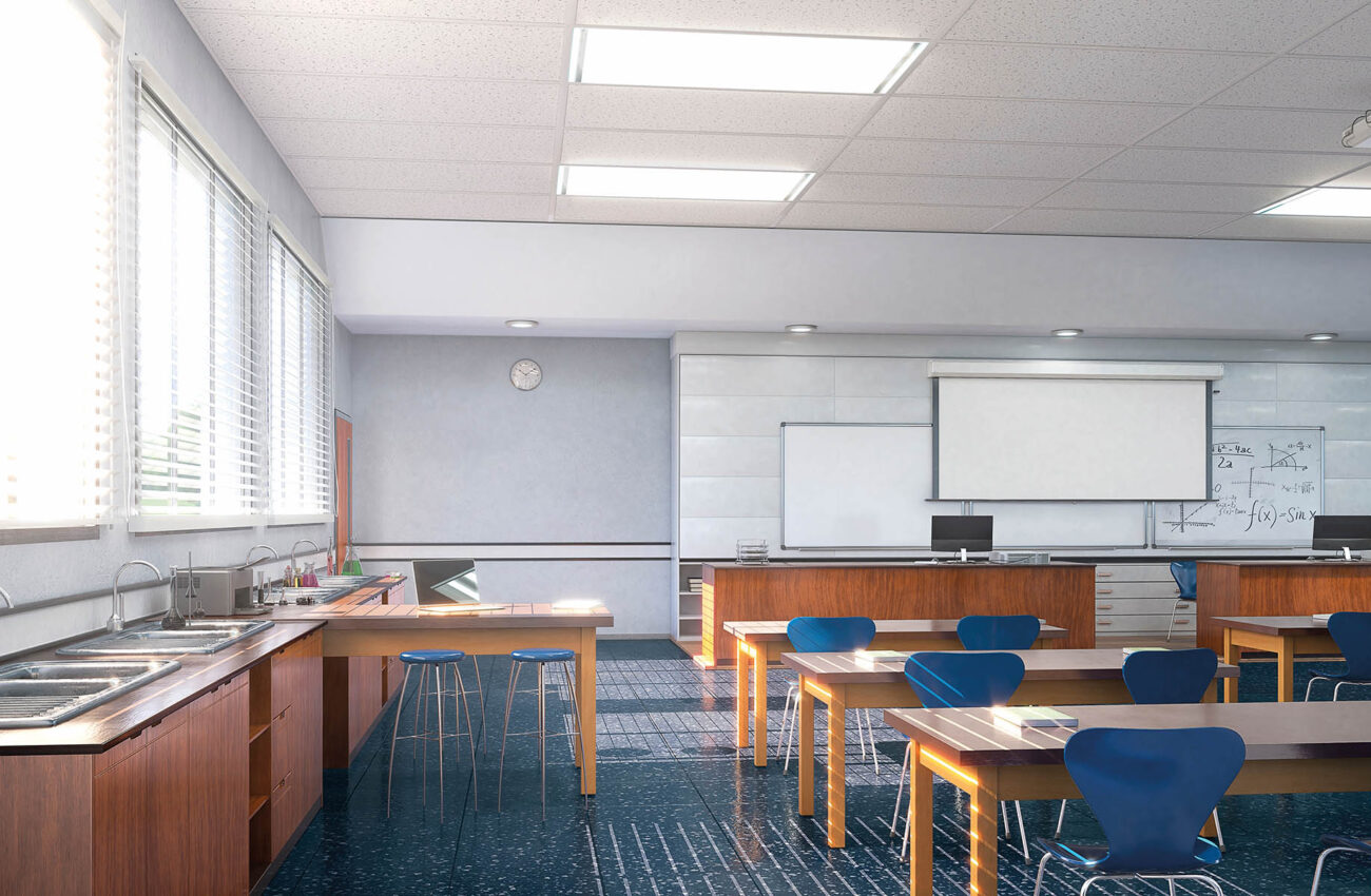 High school classroom interior. 3d illustration